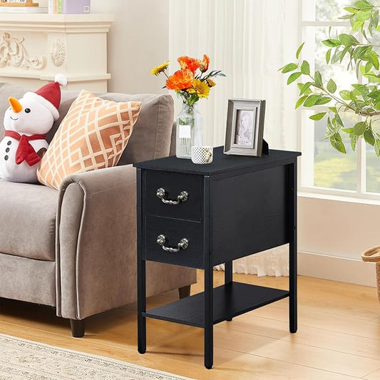 VECELO End Tables,Narrow Nightstand with Drawers and Storage Shelf,Modern Night Stand for Small Spaces, Living Room,Bedroom
