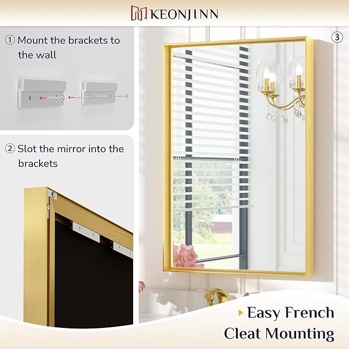 Keonjinn 24 x 36 Inch Brushed Gold Bathroom Mirror Gold Wall Mounted Vanity Mirror Metal Framed Rectangular Mirror for Bathroom Gold Rectangle Mirror with Aluminum Alloy Frame(Horizontal/Vertical)