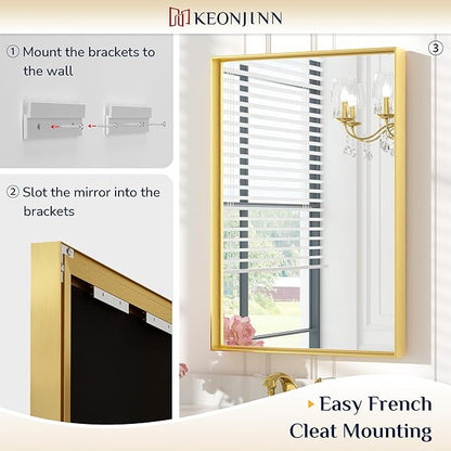 Keonjinn 24 x 36 Inch Brushed Gold Bathroom Mirror Gold Wall Mounted Vanity Mirror Metal Framed Rectangular Mirror for Bathroom Gold Rectangle Mirror with Aluminum Alloy Frame(Horizontal/Vertical)