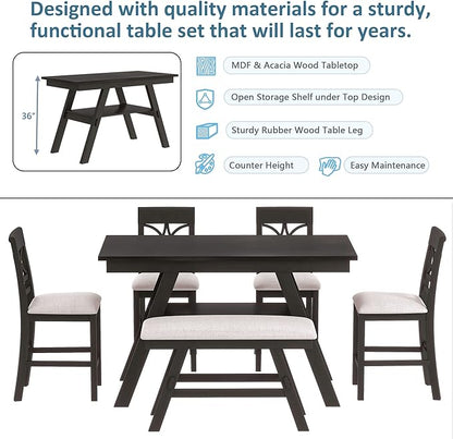 Merax 6 Piece Counter Height Dining Table Set with Storage Shelf, Beige Cushion, Bench and 4 Chairs, Espresso