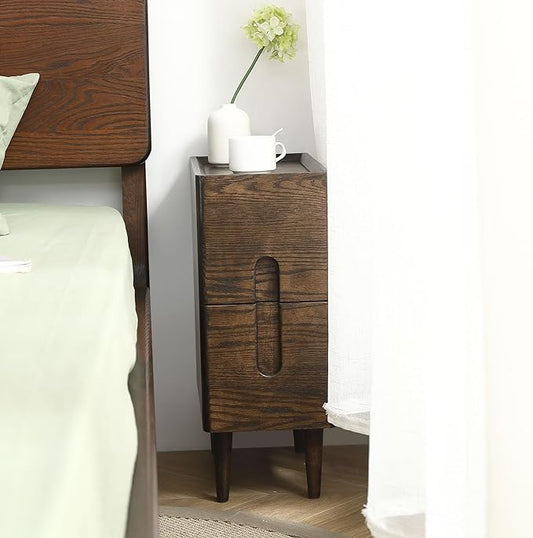 Solid Wood Bedside Table Nightstands, Slim Narrow Oak Real Wooden Mid-Century Modern End Table with Drawers Luxury Side Table Durable Cabinet Organizer Furniture, Walnut Color 7.87in Wide