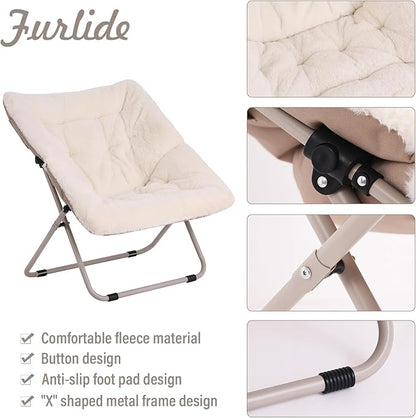 Saucer Chair with Ottoman, Oversized Dorm Chairs, X-Large Faux Fur Folding Chair, Foldable Metal Frame Chair for Bedroom, Living Room (Beige)