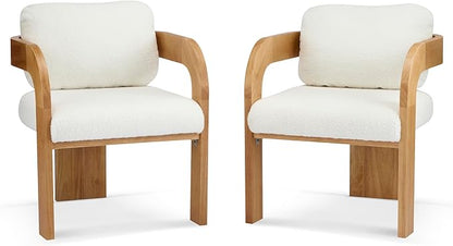 Christopher Knight Home Yorick Modern Boucle Dining Chair Set of 2 with Cushion, Solid Wood Dining Room Armchair Set, Curved Backrest Kitchen Side Chair, Living Room Comfy Extra Seat, Natural+White