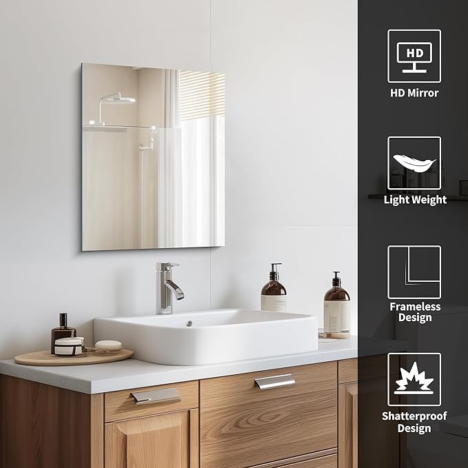 Frameless Mirror, 16x20 Inch Bathroom Mirrors for Wall, Rectangle Bathroom Vanity Mirrors with Polished Edge, Hangs Horizontally or Vertically for Bathroom, Bedroom and Living Room