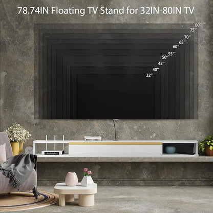 Floating TV Stand, 79'' Wall Mounted Entertainment Center TV Media Console, Floating Shelves with Door, Floating TV Cabinet Large Storage TV Bench for Living Room (White, 78.74IN)