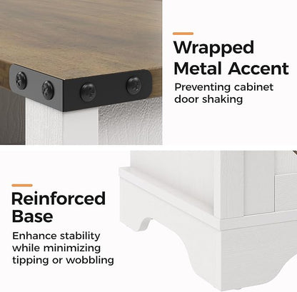 RoyalCraft Nightstand Set of 2, White End Table with Charging Station, Tall Farmhouse Bedside Table with Large Storage and Shelf, Wooden Side Table with for Bedroom, Home Office, White and Rustic Oak