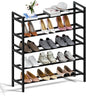 Haddockway Bamboo Shoe Rack for Closet, Free Standing Shoe Organizer with Smooth Round Rods & Convenient Handles, Stackable Shoe Storage Shelf for Entryway, Hallway(Black, 5-Tier)