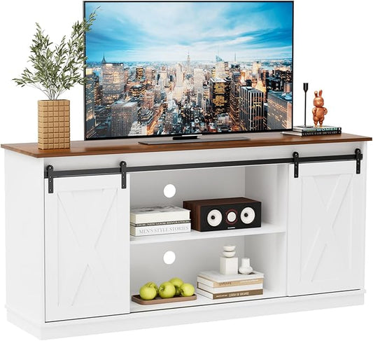Sweetcrispy Farmhouse TV Stand for Living Room Bedroom White 65 Inch, Tall Entertainment Center with Storage Shelves, Media Console Cabinet with Wood Board, 300 LBS Capacity, and Sliding Barn Door