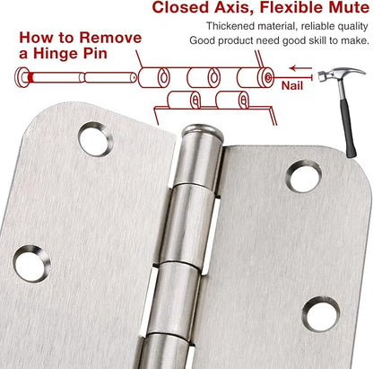 12 Pack Interior 3.5" Brushed Nickel Door Hinges for Doors 3 1/2 Inch Rounded 5/8" Noise Free Residential Standard Hinge for Study Spare/Play/Lounge/Bed Room,Walk-in Closet,DIY Table,Celler,Balcony