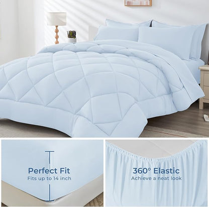 HEVUMYI Light Blue Full Comforter Set - 7-Piece All Season Bed in a Bag Full, Ultra Soft Bedding Set with Comforter, Flat Sheet, Fitted Sheet, Pillowcases, Pillow Shams