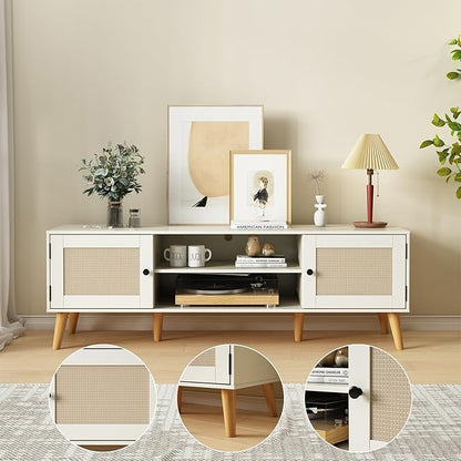 TV Stand for TVs up to 65 inches, Rattan Grain Finish Panel with 2 Storage cabinets, Modern Minimalist Style, Living Room, Audio-Visual Room for Multiple Rooms,3 Colors Available (White)