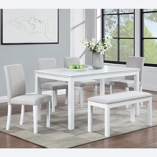 KEIKI 6-Piece Standard Height Dining Table Set with Rectangular Table, 4 Upholstered Chair, Bench, for 6 Person, Modern Crystal Decoration Table Set, Easy Assembly, for Kitchen, Dining Room, White