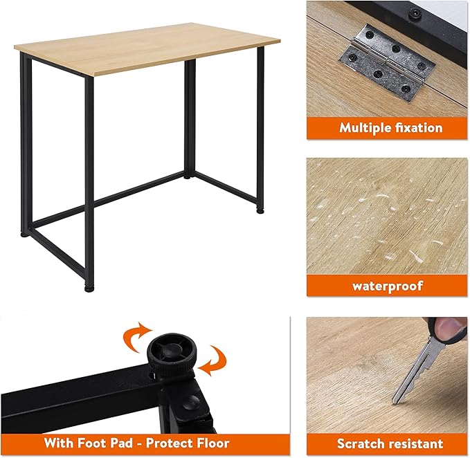 Leopard Folding Computer Desk for Small Spaces, Space-Saving Home Office Desk, Foldable Computer Table, Laptop Table, Writing Desk, Compact Study Reading Table (Black/Nordic Walnut)