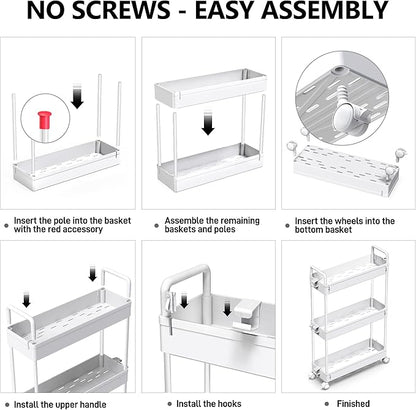 SOLEJAZZ Slim Rolling Storage Cart with Wheels 3 Tier Skinny Bathroom Storage Organizer Thin Laundry Room Utility Cart Space-Saving for Bedside Kitchen Office Small Narrow Places, White