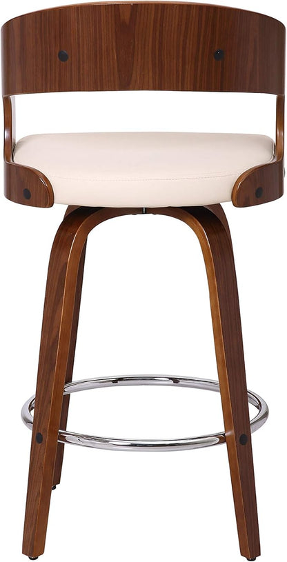 Armen Living Shelly 26" Counter Height Swivel Cream Faux Leather and Walnut Wood Bar Stool - Set of 2