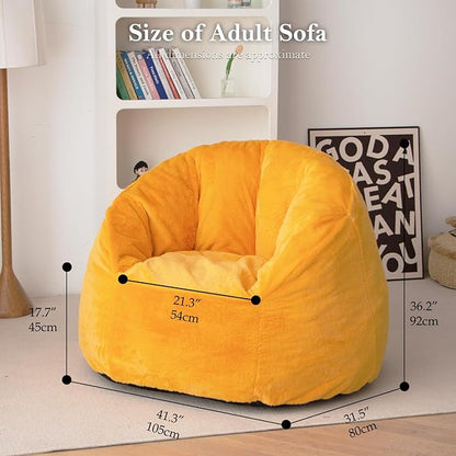N&V Large Shell Bean Bag Chair, Adult Size Bean Bag Sack, Foam Filling, Includes Removable and Machine Washable Cover, 40in, Soft Faux Fur, Yellow