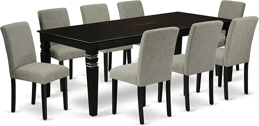 East West Furniture LGAB9-BLK-06 9 Piece Dining Room Furniture Set Includes a Rectangle Wooden Table with Butterfly Leaf and 8 Shitake Linen Fabric Parson Chairs, 42x84 Inch, Black