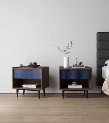 Manhattan Comfort Duane Modern Ribbed Nightstand, Bedside Table with Full Extension Drawer and Open Shelf, Industrial Chic Living Room and Bedroom Furniture, Navy Blue