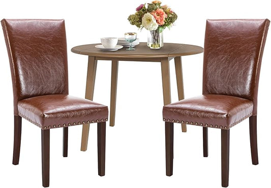 COLAMY 3-Piece Extendable Dining Table Set for 2, 36" Kitchen Round Wood Table with 2 Nailhead Dining Room Chairs,Light Brown/Light Brown