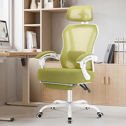 Ergonomic Office Chair with Footrest,Ultra Thick Reclining Office Desk Chair with Adjustable 2D Lumbar Support and Headrest,Spring Cushion,High Back Premium Mesh Computer Chair Office Chairs,Green