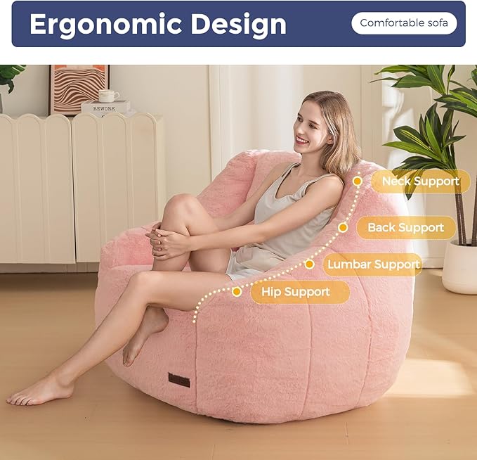 MAXYOYO Bean Bag Chair, Comfy Bean Bag Sofa with Back Support, Faux Fur Bean Bag Chair for Adults and Kids, Stuffed Floor Sofa for Living Room, Bedroom, Apartment, Pink