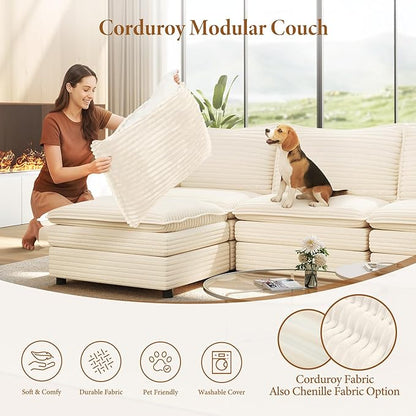 Vesgantti Large Modular Sectional Sofa, Big Comfy Cloud Couch with Ottoman Deep Seat Corduroy Cloud Sofa, 9 Seater Large Sectional Couches for Living Room, Bedroom and Apartment, Beige