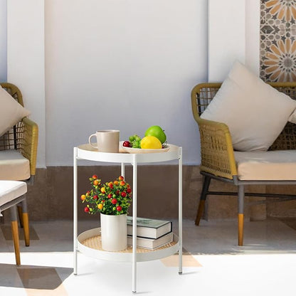danpinera All Metal Side Table, 2 Tier Anti Rust Small Table with Imitation Rattan Pattern on Removable Trays for Living Room, White Round Nightstand for Bedroom, 20.47 Inch x 16.54 Inch Pearl White