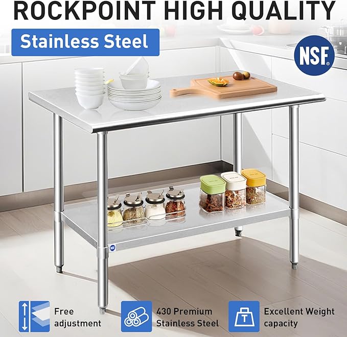 ROCKPOINT Stainless Steel Table for Prep & Work 18x30 Inches, NSF Metal Commercial Kitchen Heavy Duty Table with Adjustable Under Shelf and Table Foot for Restaurant, Home and Hotel
