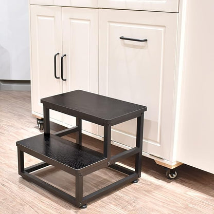 Step Stool, Bedside Steps for High Beds with Round Corners, 2 Steps Footstool for Adults, Metal and Wood Stepping Stool for Kitchen Bedroom, Load 500 LB, Black