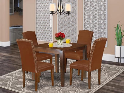 East West Furniture OXEN5-MAH-66 5 Piece Modern Dining Table Set Includes a Square Wooden Table and 4 Brown Faux Faux Leather Upholstered Chairs, 36x36 Inch, Mahogany