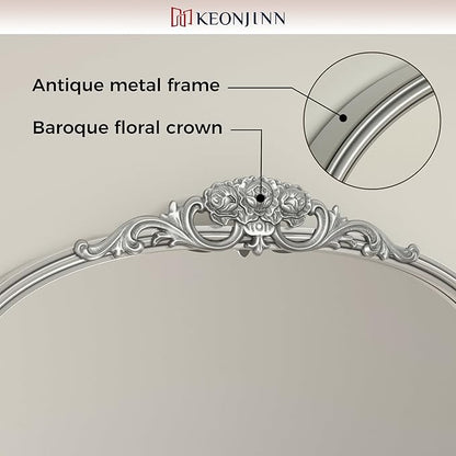 Keonjinn Vintage Mirror for Wall, 40" x 30" Silver Mirror with Metal Frame, Ornate Arched Decoration, Brass Mirror for Mantle, Living Room, French Cleat Mounting