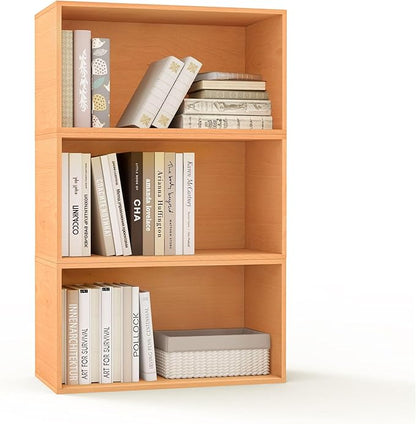 Sebastack 3 Cube Organizer Bookcase, Expandable Storage Shelves, Wooden Open Shelving Unit Book Shelf for Living Room, Office, Bedroom, Beech Color Wood Furniture (1 Set)