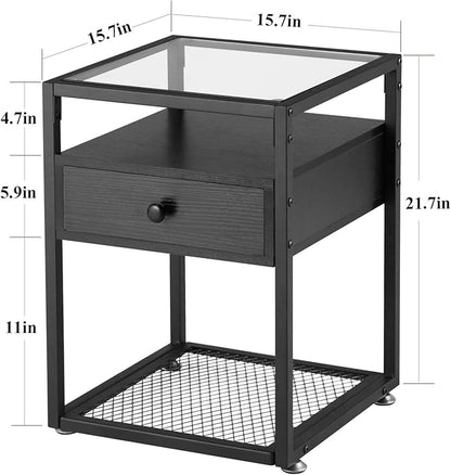 VECELO End Table, Modern Nightstand with Drawer, Night Stand Set of 2 for Bedroom Living Room,Tempered Glass