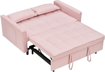 Ball & Cast Convertible Sofa Bed,Loveseat Sleeper Sofa W/Pull-Out Bed,Convertible Pull Out Couch W/2 Pillows,Adjustable Backrest&Side Pocket,Corduroy Futon Couches for Living Room,Apartment,Pink,54"