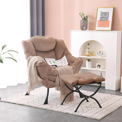 Lazy Chair with Ottoman, Modern Accent Chair Contemporary Lounge Leisure Sofa Chair with Armrests, Reading Chair and Folding Footstool Set for Living Room, Bedroom, Office, Khaki