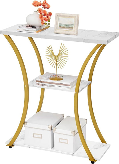 Hoctieon 3 Tier Console Table with Open Wood Shelves, Decorative Entryway Table with Curved Metal Frames, Narrow Sofa Table for Entrance, Living Room, Hallway, Gold and White Marbled