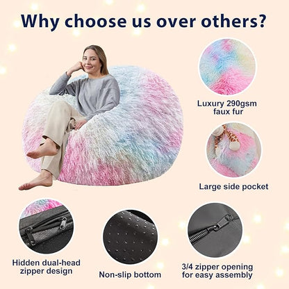 6FT Fur Comfy Bean Bag Cover for Living Room(No Filler), Big Fluffy Stuffed Animal Storage Bean Bag Chair Cover Rainbow, Furry Fuzzy Bean Bag Cover for Adults Kids Girls, Anti-Slip, Colorful