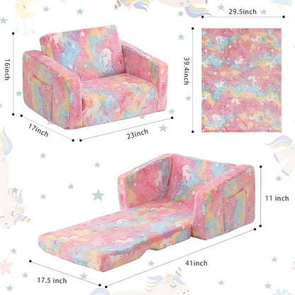 Toddler Couch Fold Out, Foldable Toddler Chair with Blanket, Kids Couch for Girls & Boys, Flip Out Kids Sofa, Convertible Sofa to Lounger for Children Age 1-3 (Glow Pink)