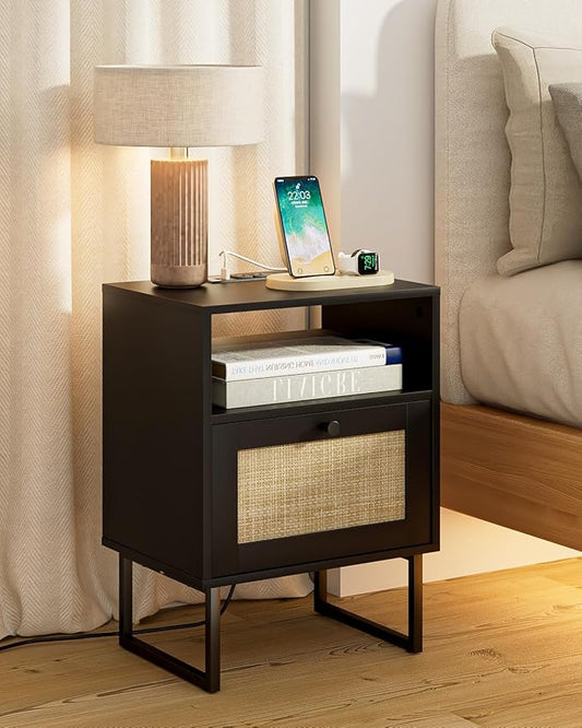Rattan Nightstand with Charging Station, Boho Night Stand Farmhouse Wood Bedside Table with Storage and Open Shelf, End Side Accent Table for Bedroom,Living Room,Black