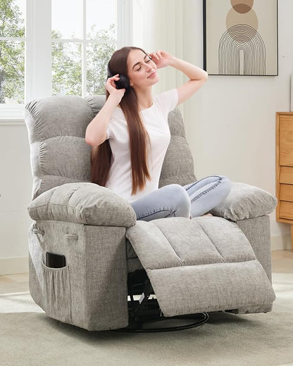 Rocking Recliner Chair,360° Swivel Rocker Chair for Living Room,Upholstered Fabric Glider Nursery Chair with Side Pockets for Small Spaces,Q235 Steel Frame Lazy Boy Recliner Single Sofa(Grey)