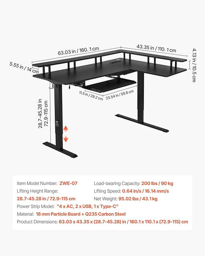 VEVOR L Shaped Desk, Electric Adjustable Height Corner Gaming Desk with Keyboard Tray and Dual Hooks, Heavy Duty L-Shaped Computer Table with Light Strip for Home Office, Easy to Assemble, Black