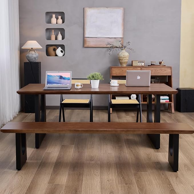 Wooden Executive Office Desk Computer Table Multi-Sized High Cost Performance Stylish Design Metal Legs Versatile Use for Office or Dining Casual Table (Walnut Color, 78.74in)