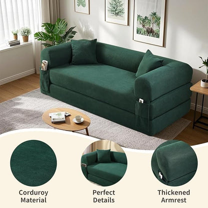 80" Convertible Sofa Bed, Corduroy Deep Seat Folding Pull Out Couch with Pillows, No Assembly Modern Boneless Couch Compression Sofa in Box, Floor Sofa with Storage Pocket for Living Room,Dark Green
