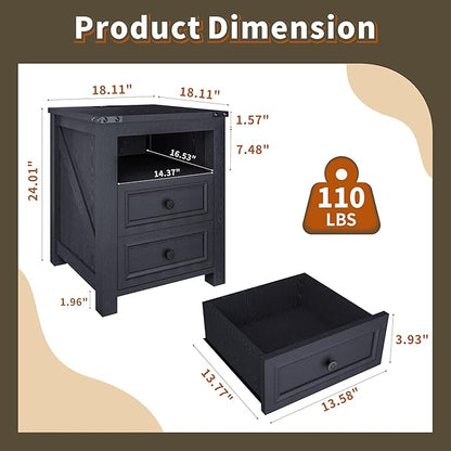 Vipbear Nightstand Set of 2, 18” Wide Farmhouse Night Stand with Charging Station for Bedroom, End Table with 2 Drawers Living Room Wood Sofa Side Table with Storage, Black