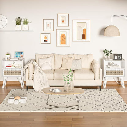 Lerliuo Rattan Nightstand with Charging Station, White Bedside Table with Drawer Open Shelf, Cane Accent Side End Table with Solid Wood Legs, Night Stand for Bedroom, Dorm and Small Spaces