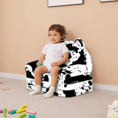 Toddler Chair with Faux Rabbit Fur – 2-in-1 Foldable Kids Couch, Soft Sofa for Reading, Napping, Bedroom or Playroom Use, 18 Months+ （Cow & Cat）