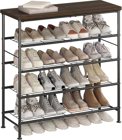 Shoe Rack Organizer 5 Tier for Closet Entryway Free Standing Metal Storage Shoe Shelf with MDF Top Board，Black+Rustic Brown