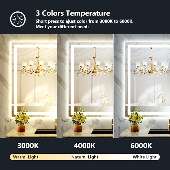 51x40 Inch LED Bathroom Mirror with Lights Front and Backlit Lighted Vanity Mirror for Bathroom Wall with 3 Colors Dimmable Anti-Fog Memory Shatter-Proof IP54 Waterproof Horizontal/Vertical