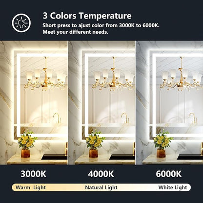 51x40 Inch LED Bathroom Mirror with Lights Front and Backlit Lighted Vanity Mirror for Bathroom Wall with 3 Colors Dimmable Anti-Fog Memory Shatter-Proof IP54 Waterproof Horizontal/Vertical
