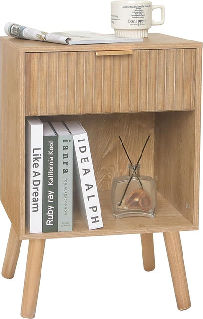 Night Stand with Drawer, Mid Century Nightstand with Storage, Modern Fluted Bedside Table Bedroom Living Room for Small Space, Office (Rustic Walnut)